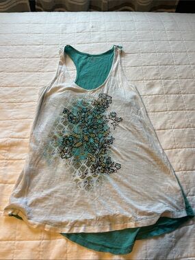 DKNY White Tank Top with Teal Floral Print